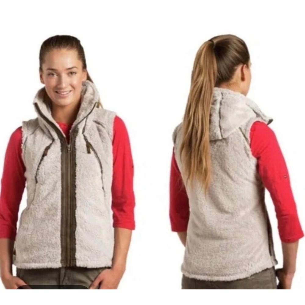 Kuhl Flight Vest Wm Small Oatmeal Beige Fleece Hooded Full Zip Jacket *Mild Wear
